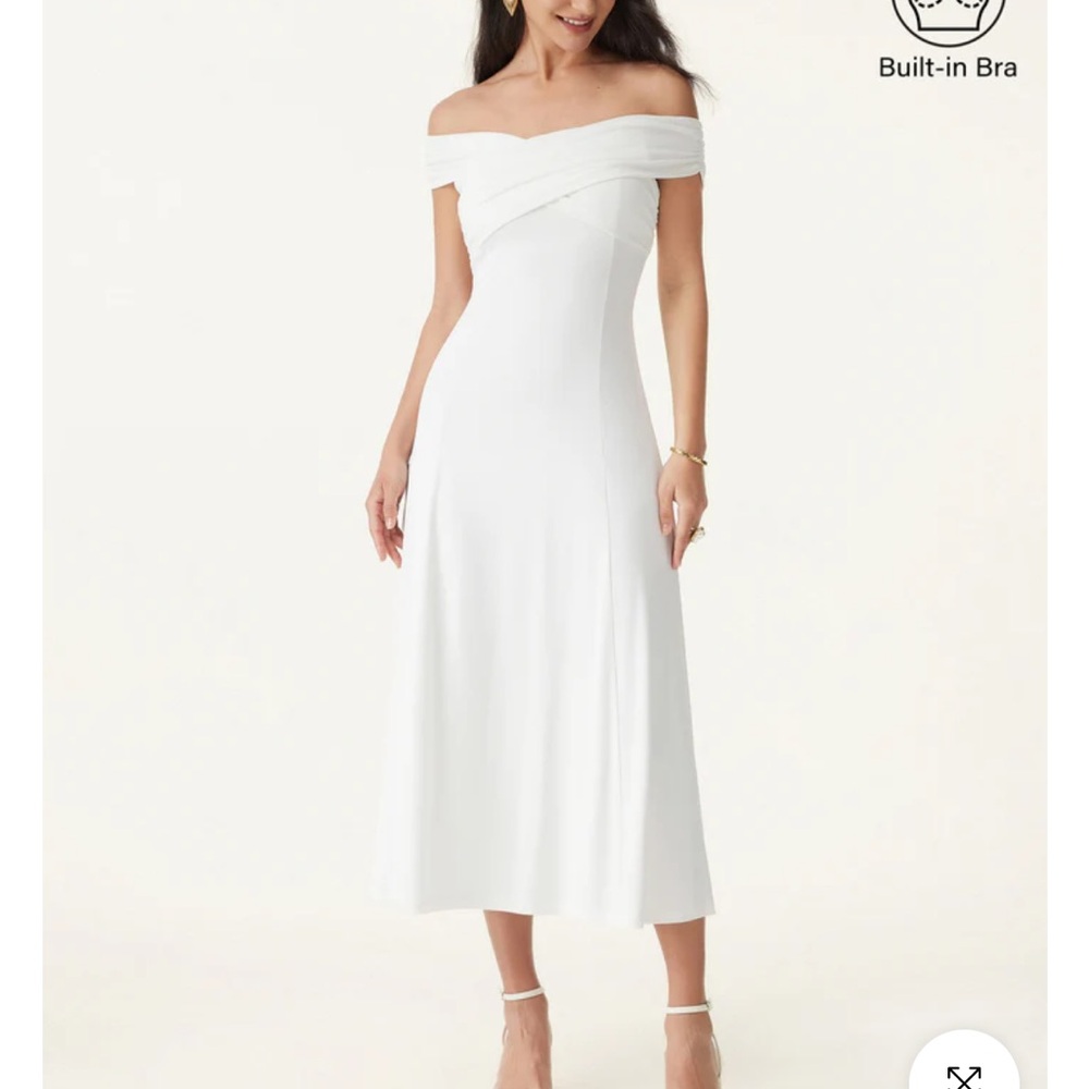 OGL White Strapless Off-Shoulder Midi Dress with Folded Bodice